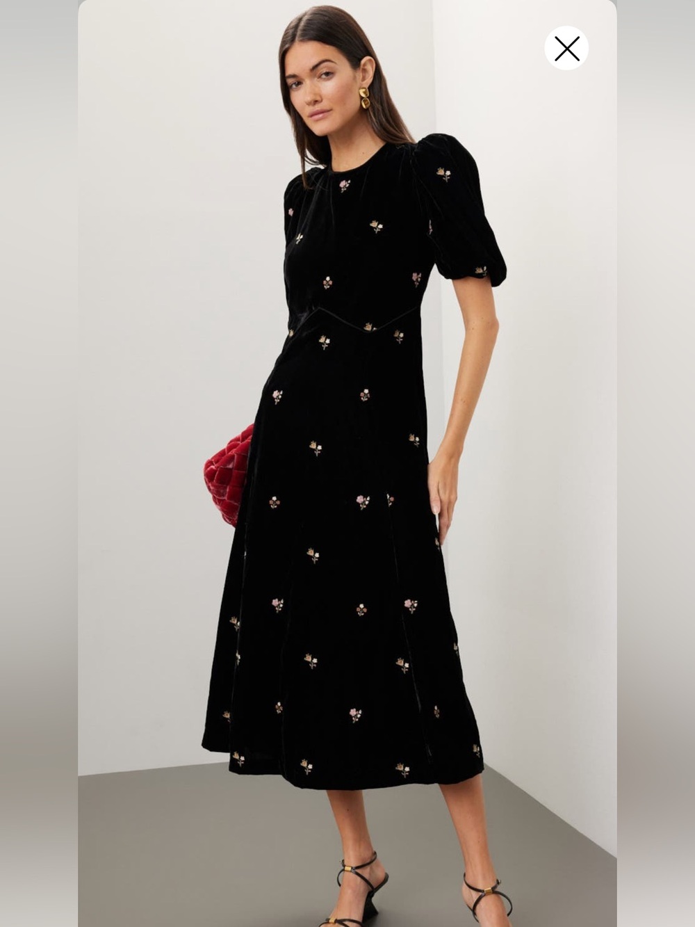 Sea NWT size 10 Rubin’s Black Velvet Floral Midi Dress with Puff Sleeves